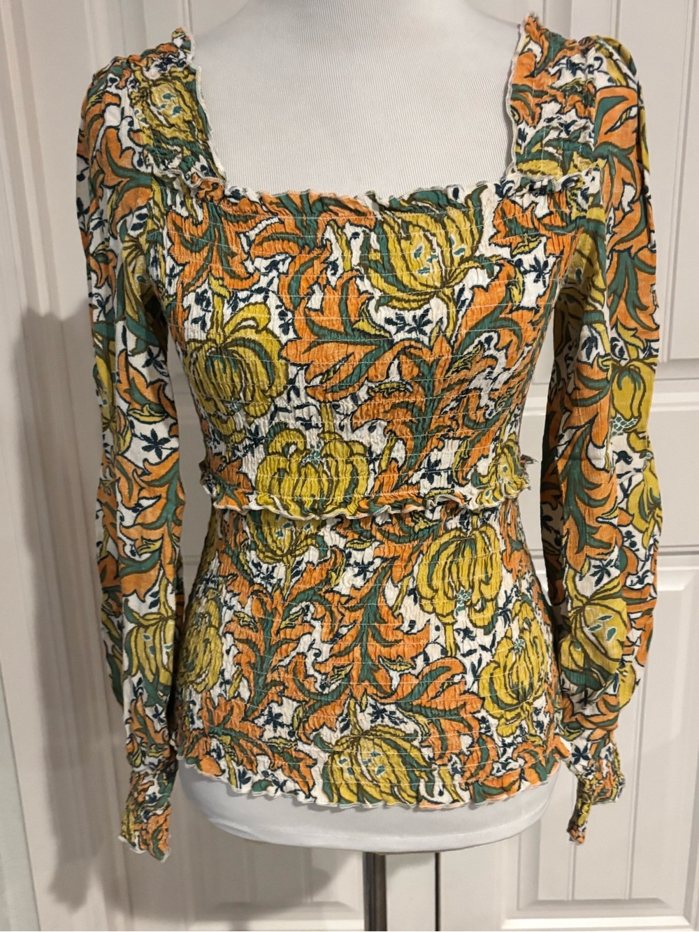 Anthropologie Smocked Floral Square-Neck Top in Orange, Yellow & Green